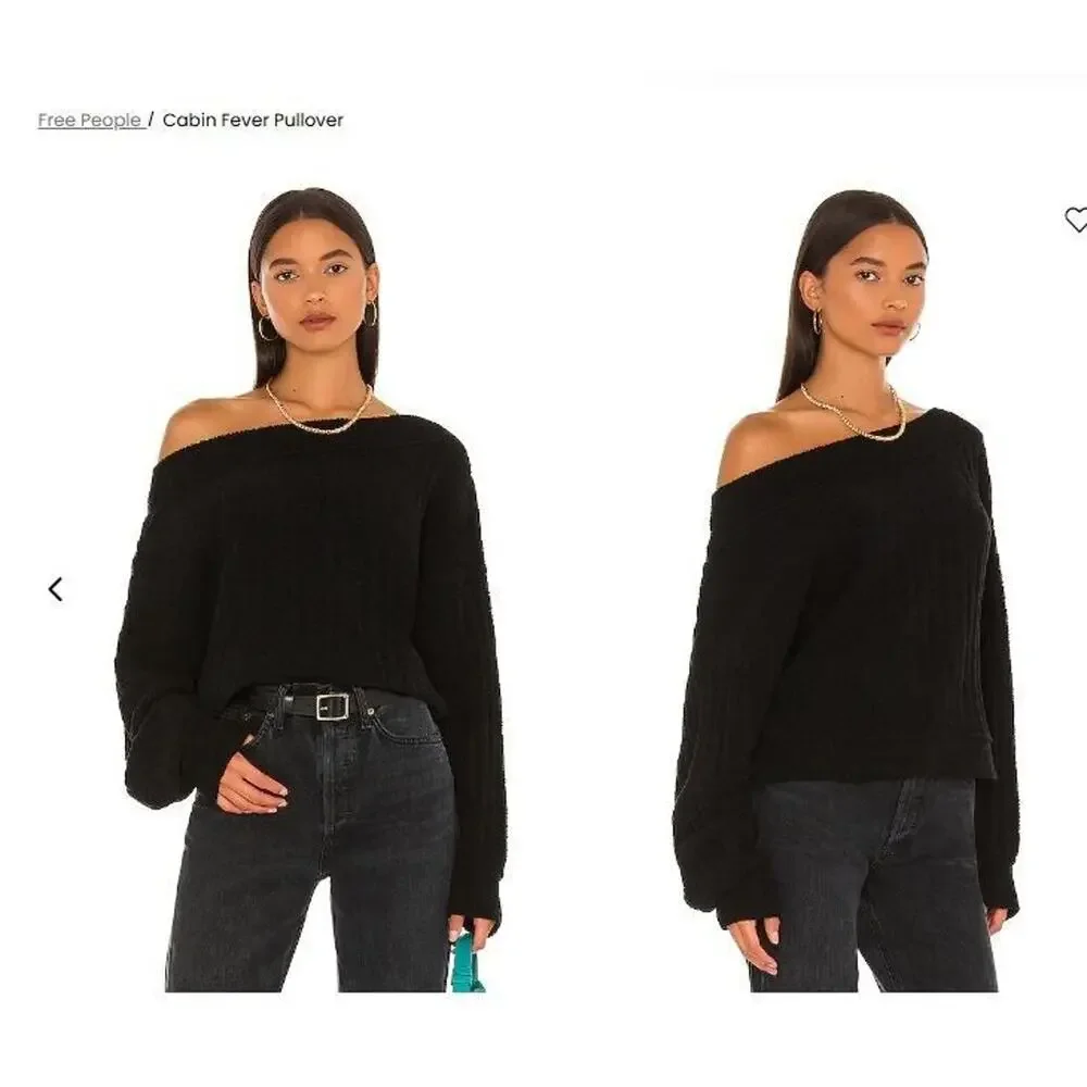Free People Size Small S Black Cabin Fever Off Shoulder Ribbed Chenille Sweater